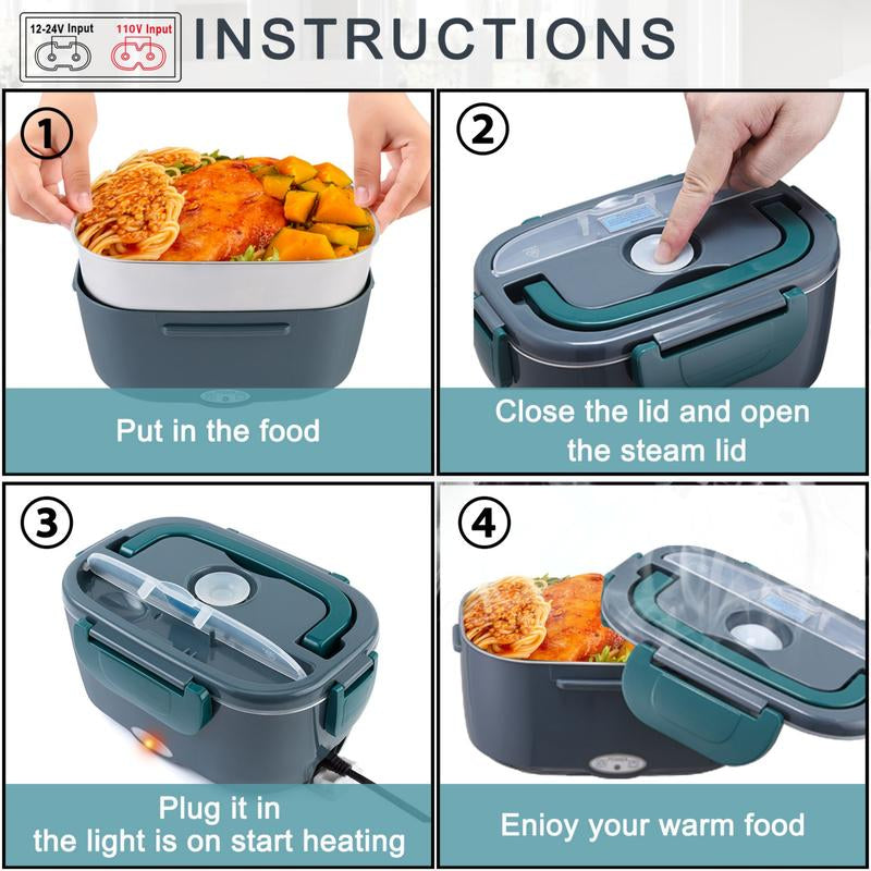 Electric Lunch Box Portable Food Heater for Adults， 80W Food Insulated Lunch Box 1.5&1.8L Stainless Steel Container & Bag 12V/24V/110V Car/Truck/Work with Stainless Steel Container, Fork & Spoon & Bag