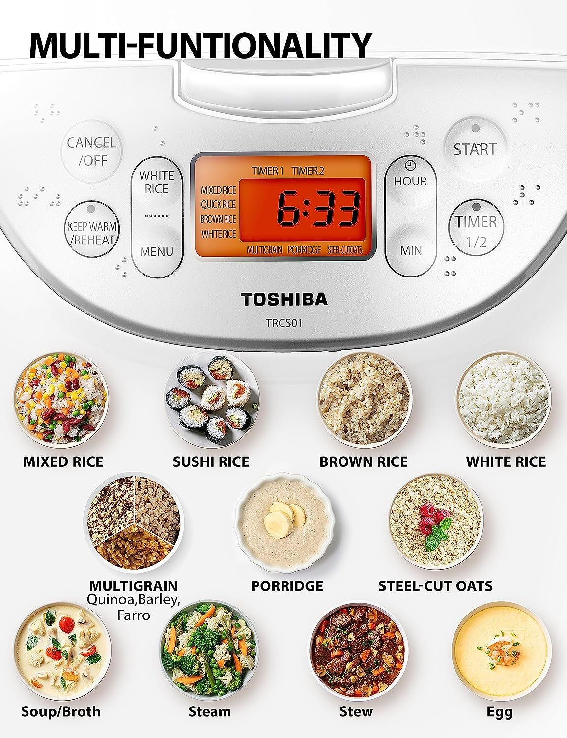 Toshiba Rice Cooker 6 Cup – Fuzzy Logic Technology, 7 Cooking Functions, Auto Keep Warm, Non-Stick Inner Pot