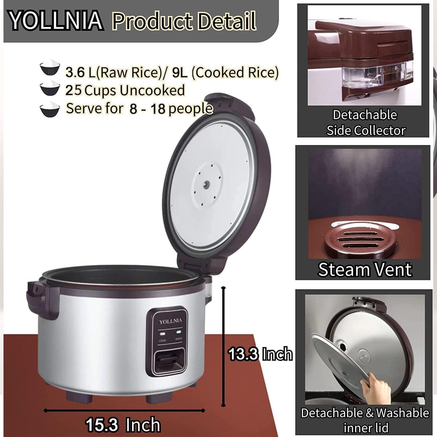 YOLLNIA Commercial Rice Cooker 45, 65 Cups (Cooked) Large Cooker Rice | 8.17Qt Rice Warmer Commercial 