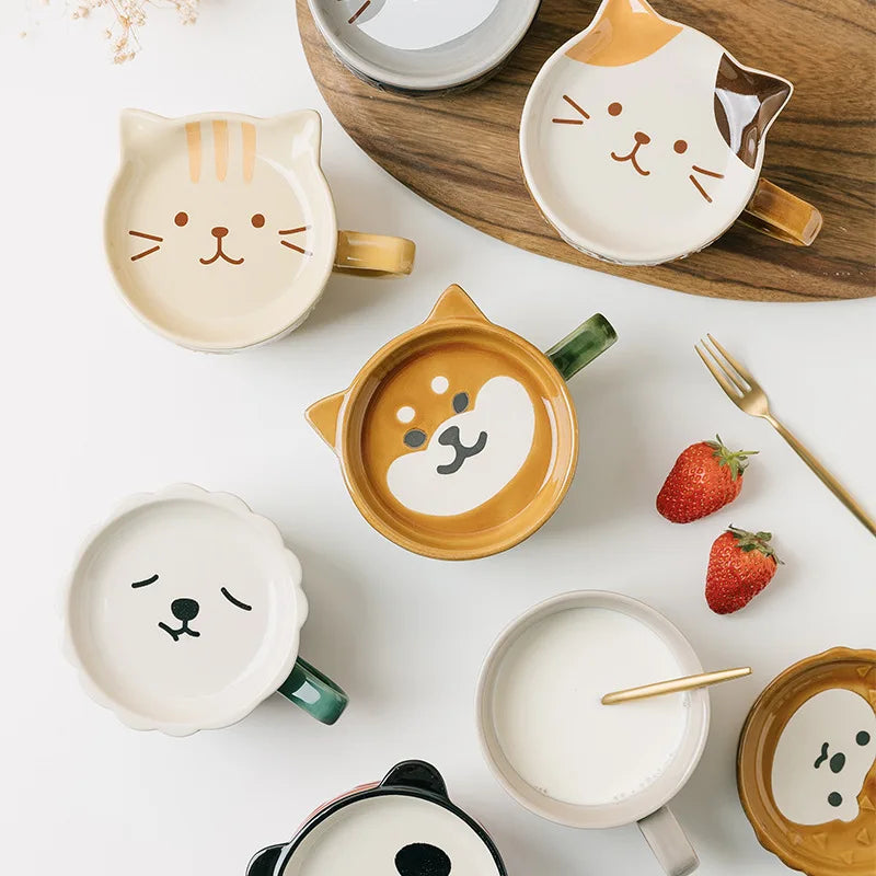 Japanese Cartoon Cat Coffee Mug with Cat Pattern Lid Small Dish Cute Breakfast Cup Creative Coffee Cup Milk Cup Gift for Girl