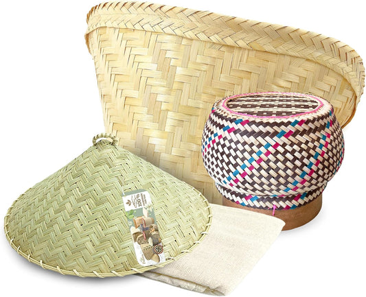 Sticky Rice Cooking Set Bamboo Steamer Basket with 24’’ Cheesecloth, Wicker Lid, and Kratip Toffee Toned