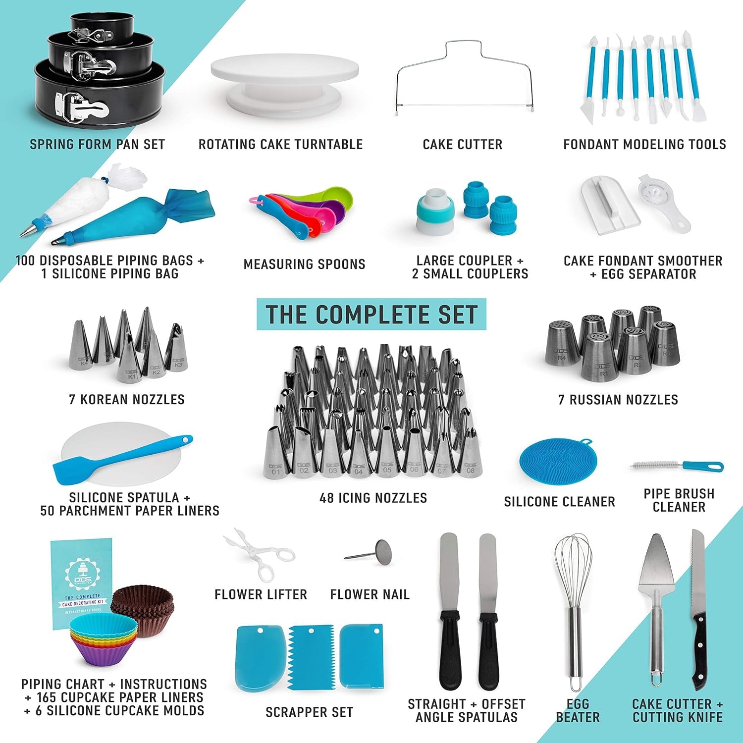 638-Piece Deluxe Cake Decorating Set - Unleash Your Pastry Potential, Premium Rotating Cake Turntable, Extensive 48 Piping Tips, Cutting-Edge 7-Russian and 7-Korean Nozzles, 3 Springform Pans