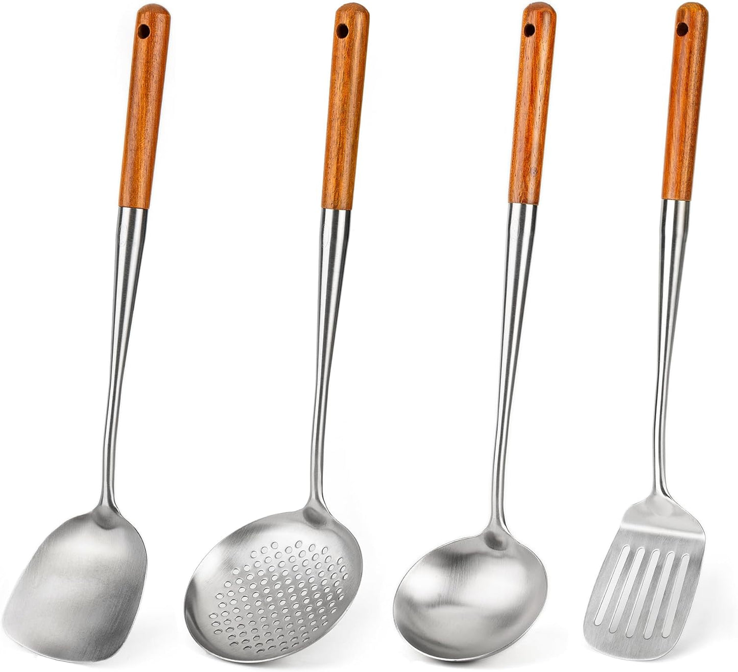 FJNATINH 304 Stainless Steel Kitchen Utensils Set – Walnut Handle Ladle | Perfect for Woks and Everyday Cooking