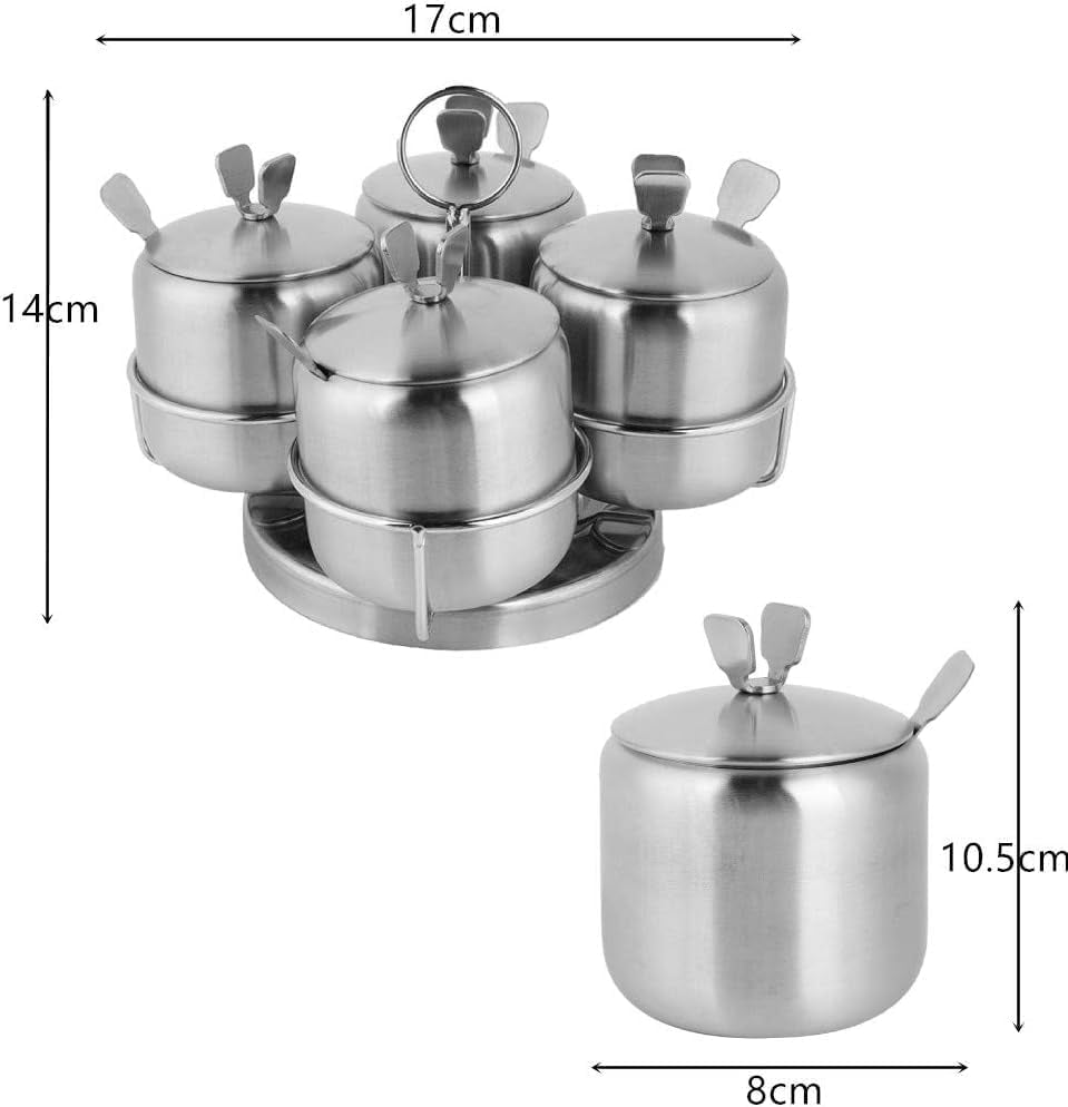 Stainless Steel Revolving Spice Jar Set with Rack, 12Oz/350 Ml Set of 4 Condiment Jar Canisters Pots Spice Container with Lids & Spoons Seasoning Box Bottle Salt Sugar Bowl for Home Kitchen