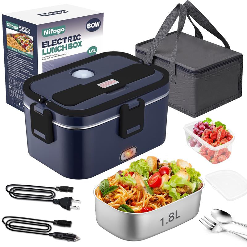 Electric Lunch Box Portable Food Heater for Adults， 80W Food Insulated Lunch Box 1.5&1.8L Stainless Steel Container & Bag 12V/24V/110V Car/Truck/Work with Stainless Steel Container, Fork & Spoon & Bag