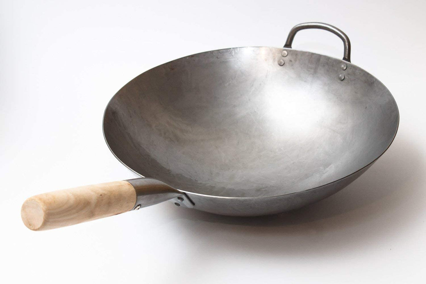 Traditional Hand-Hammered Carbon Steel Pow Wok – 14 Inch Round Bottom Wok with Wooden and Steel Helper Handles | Commercial Grade Chinese Wok