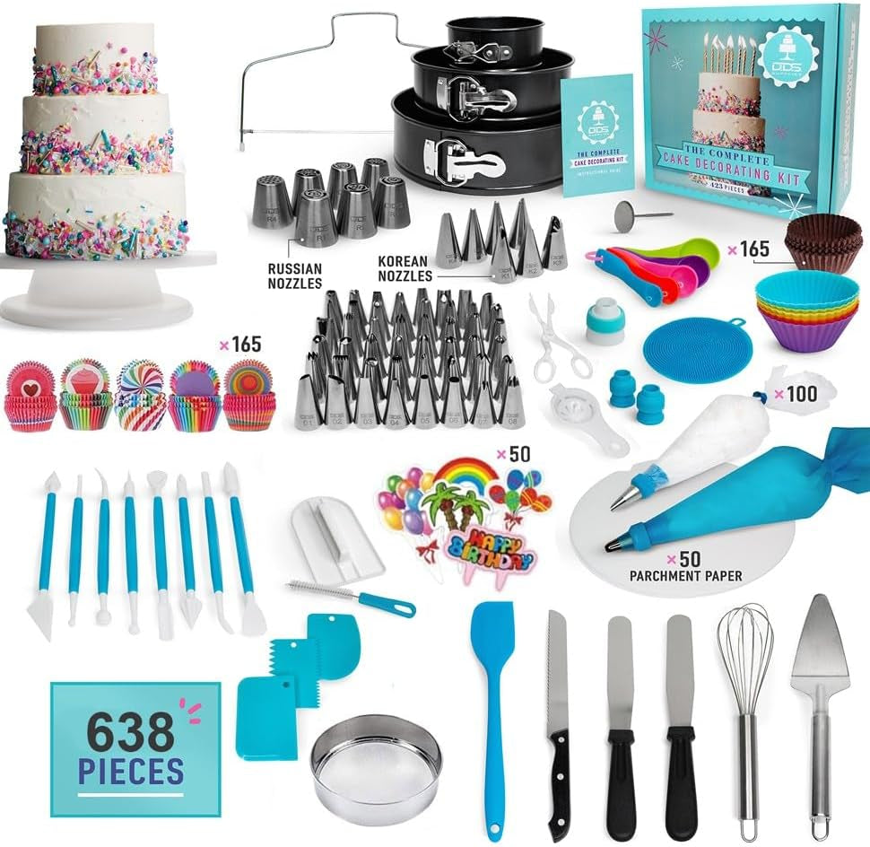 638-Piece Deluxe Cake Decorating Set - Unleash Your Pastry Potential, Premium Rotating Cake Turntable, Extensive 48 Piping Tips, Cutting-Edge 7-Russian and 7-Korean Nozzles, 3 Springform Pans