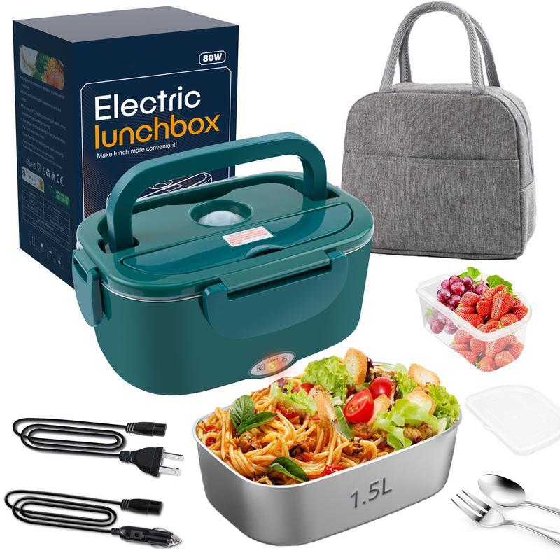 Electric Lunch Box Portable Food Heater for Adults， 80W Food Insulated Lunch Box 1.5&1.8L Stainless Steel Container & Bag 12V/24V/110V Car/Truck/Work with Stainless Steel Container, Fork & Spoon & Bag