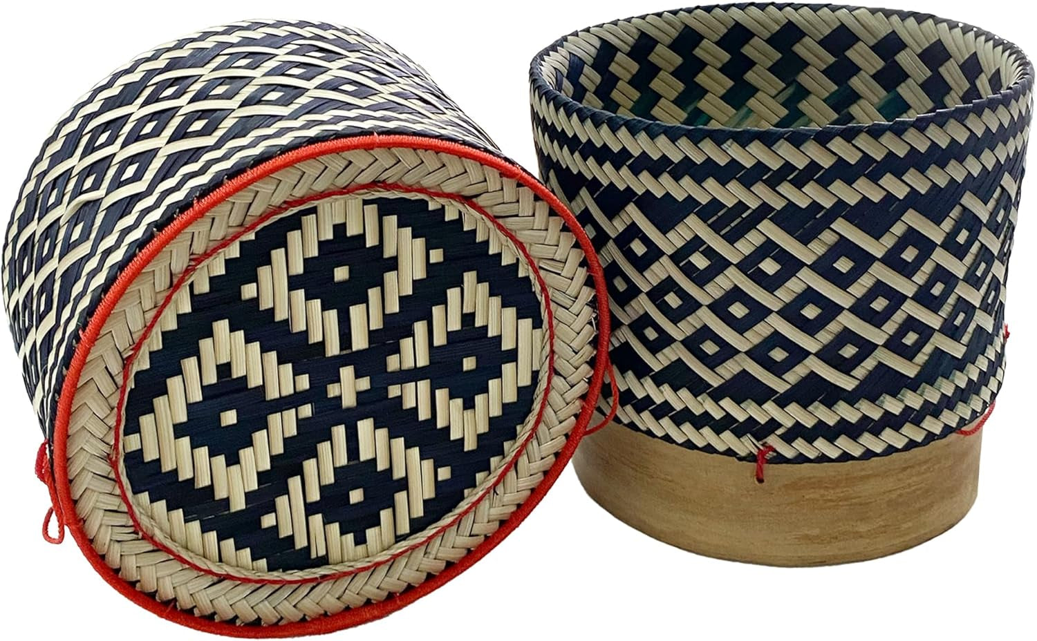 Bamboo Sticky Rice Serving Basket Thai Kratip Container 100% Handmade Traditional Village Handicrafts with Vegetable Plant Based Dye Coloring Shades Food Safe (Charcoal)