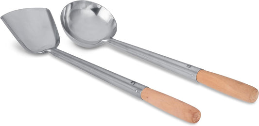 Asian Wok Ladle and Spatula Set with Wooden Handles 