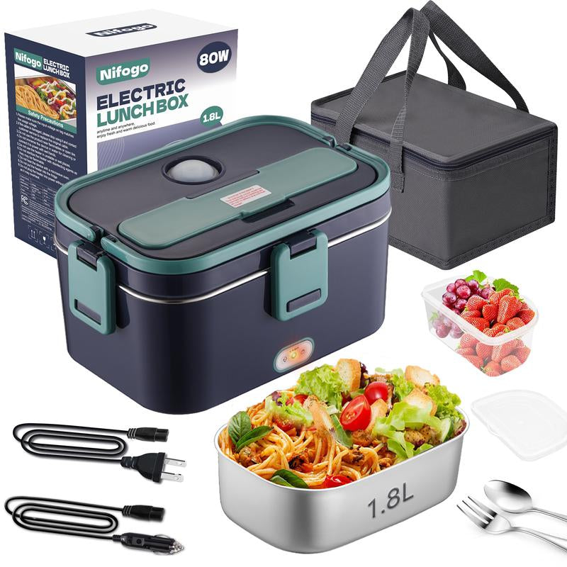 Electric Lunch Box Portable Food Heater for Adults， 80W Food Insulated Lunch Box 1.5&1.8L Stainless Steel Container & Bag 12V/24V/110V Car/Truck/Work with Stainless Steel Container, Fork & Spoon & Bag