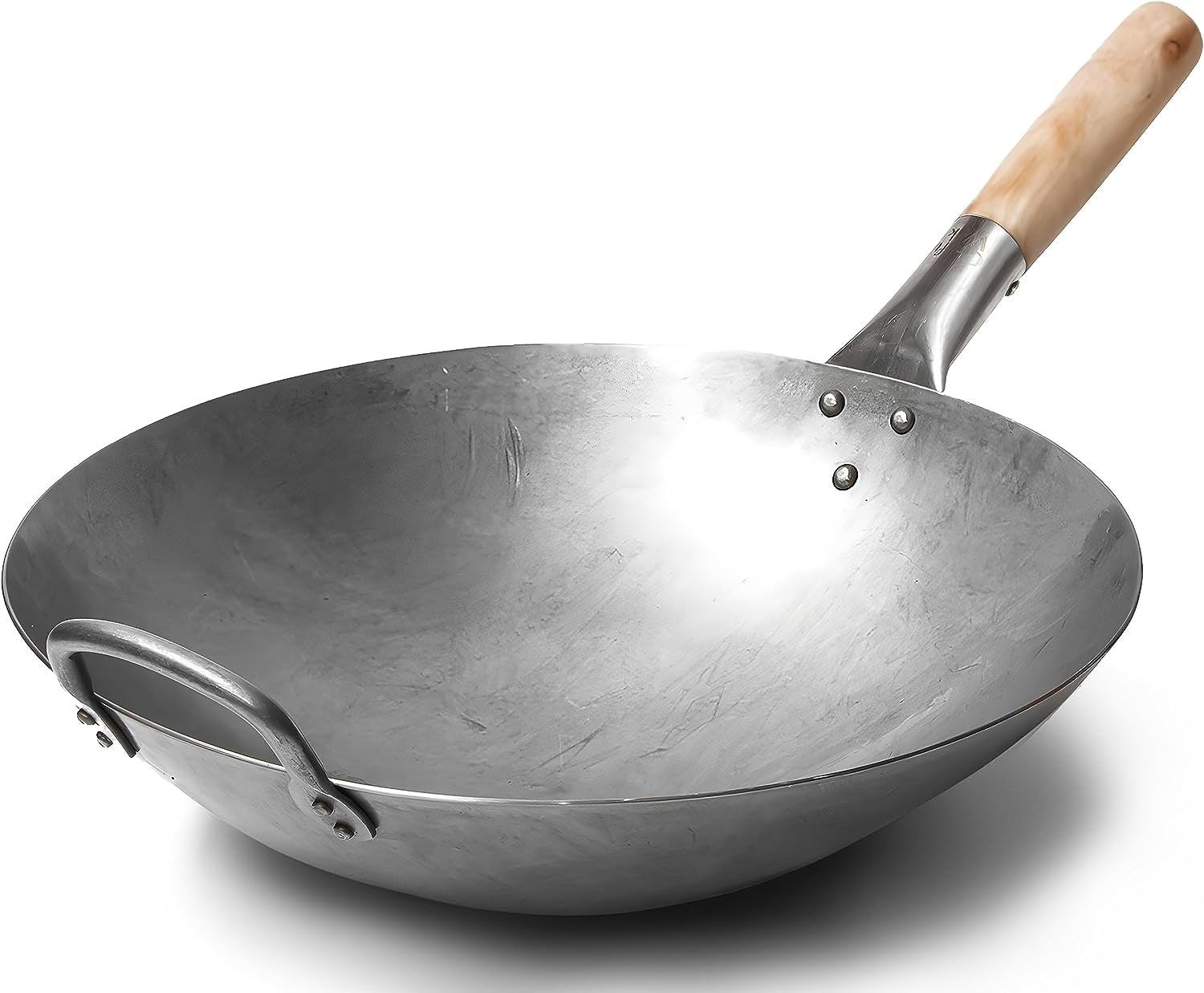 Traditional Hand-Hammered Carbon Steel Pow Wok – 14 Inch Round Bottom Wok with Wooden and Steel Helper Handles | Commercial Grade Chinese Wok