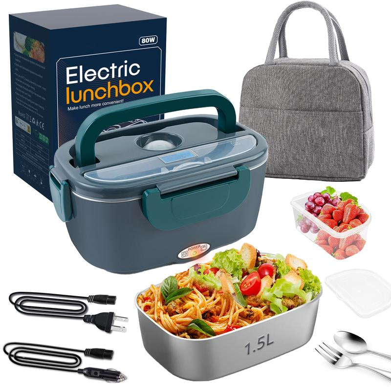 Electric Lunch Box Portable Food Heater for Adults， 80W Food Insulated Lunch Box 1.5&1.8L Stainless Steel Container & Bag 12V/24V/110V Car/Truck/Work with Stainless Steel Container, Fork & Spoon & Bag