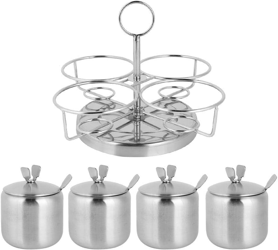 Stainless Steel Revolving Spice Jar Set with Rack, 12Oz/350 Ml Set of 4 Condiment Jar Canisters Pots Spice Container with Lids & Spoons Seasoning Box Bottle Salt Sugar Bowl for Home Kitchen