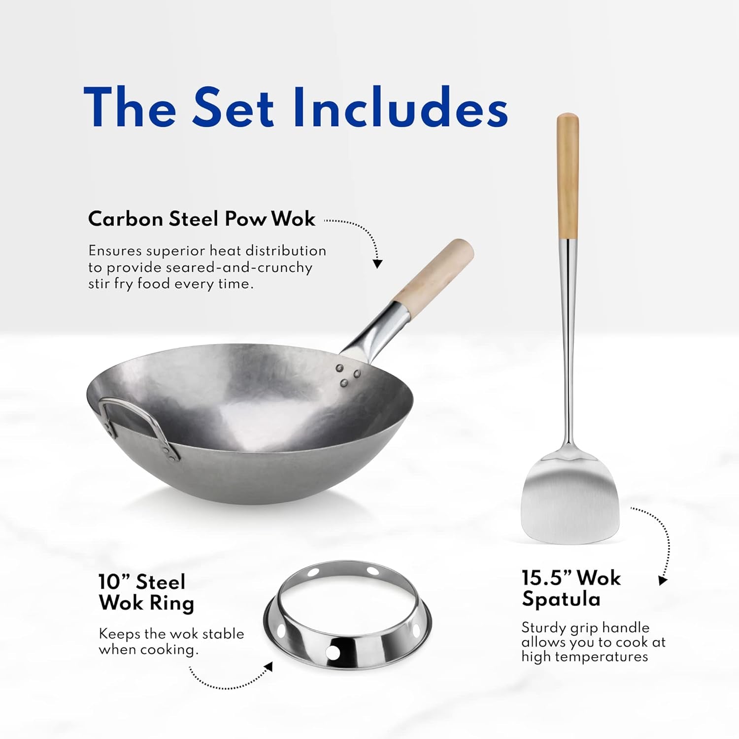 Carbon Steel Pow Wok Set – 14” Round Bottom Wok with Wood and Steel Helper Handle | Includes Wok Rack/Ring and Spatula | Lightweight, Commercial Grade