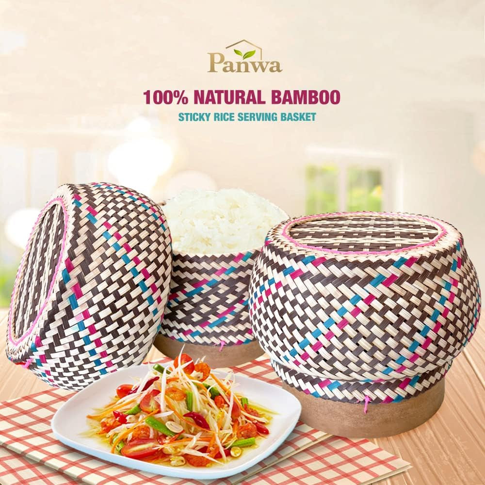 Sticky Rice Cooking Set Bamboo Steamer Basket with 24’’ Cheesecloth, Wicker Lid, and Kratip Toffee Toned