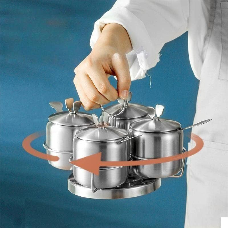 Stainless Steel Revolving Spice Jar Set with Rack, 12Oz/350 Ml Set of 4 Condiment Jar Canisters Pots Spice Container with Lids & Spoons Seasoning Box Bottle Salt Sugar Bowl for Home Kitchen