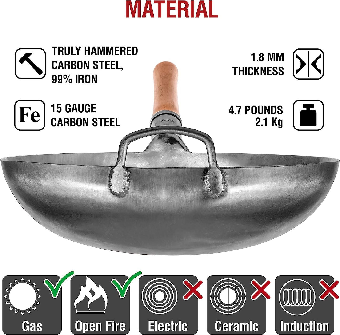 Woks and Frying Pans 36 Cm - round Bottom Wok - Hammered Carbon Steel Wok - Compatible with Gas Stoves and Open Fires - Traditional Chinese Wok (Silver)