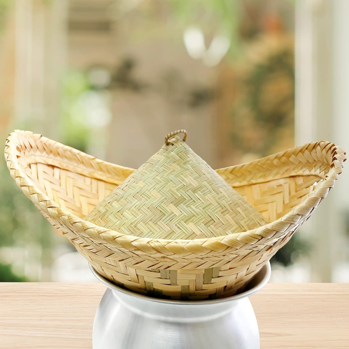 Sticky Rice Cooking Set Bamboo Steamer Basket with 24’’ Cheesecloth, Wicker Lid, and Kratip Toffee Toned