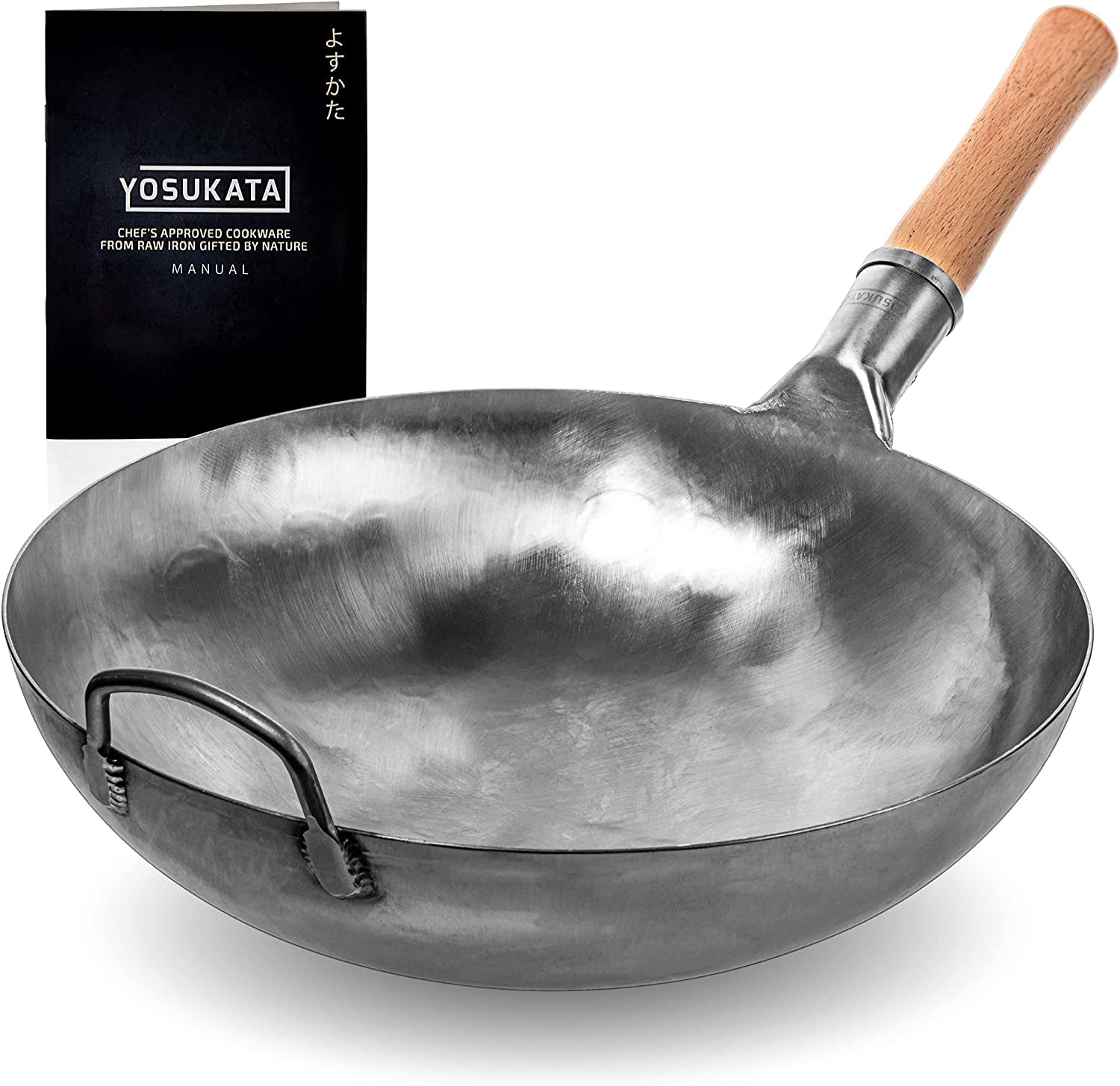 Woks and Frying Pans 36 Cm - round Bottom Wok - Hammered Carbon Steel Wok - Compatible with Gas Stoves and Open Fires - Traditional Chinese Wok (Silver)