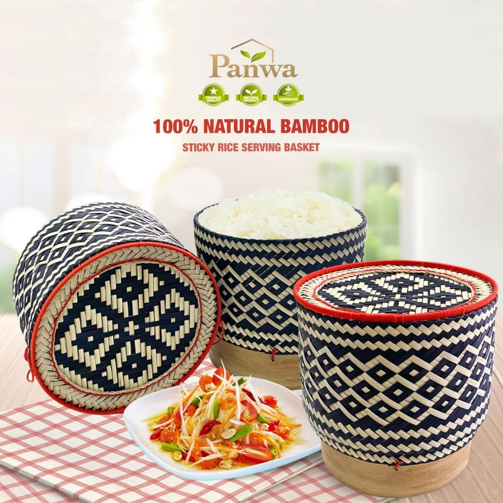 Bamboo Sticky Rice Serving Basket Thai Kratip Container 100% Handmade Traditional Village Handicrafts with Vegetable Plant Based Dye Coloring Shades Food Safe (Charcoal)