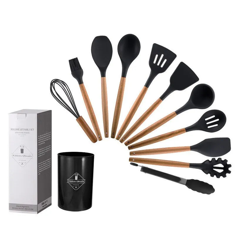 12Pcs/Set Wooden Handle Silicone Kitchen Utensils with Storage Bucket High Temperature Resistant and Non Stick Pot Spatula Spoon