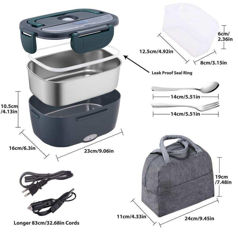 Electric Lunch Box Portable Food Heater for Adults， 80W Food Insulated Lunch Box 1.5&1.8L Stainless Steel Container & Bag 12V/24V/110V Car/Truck/Work with Stainless Steel Container, Fork & Spoon & Bag