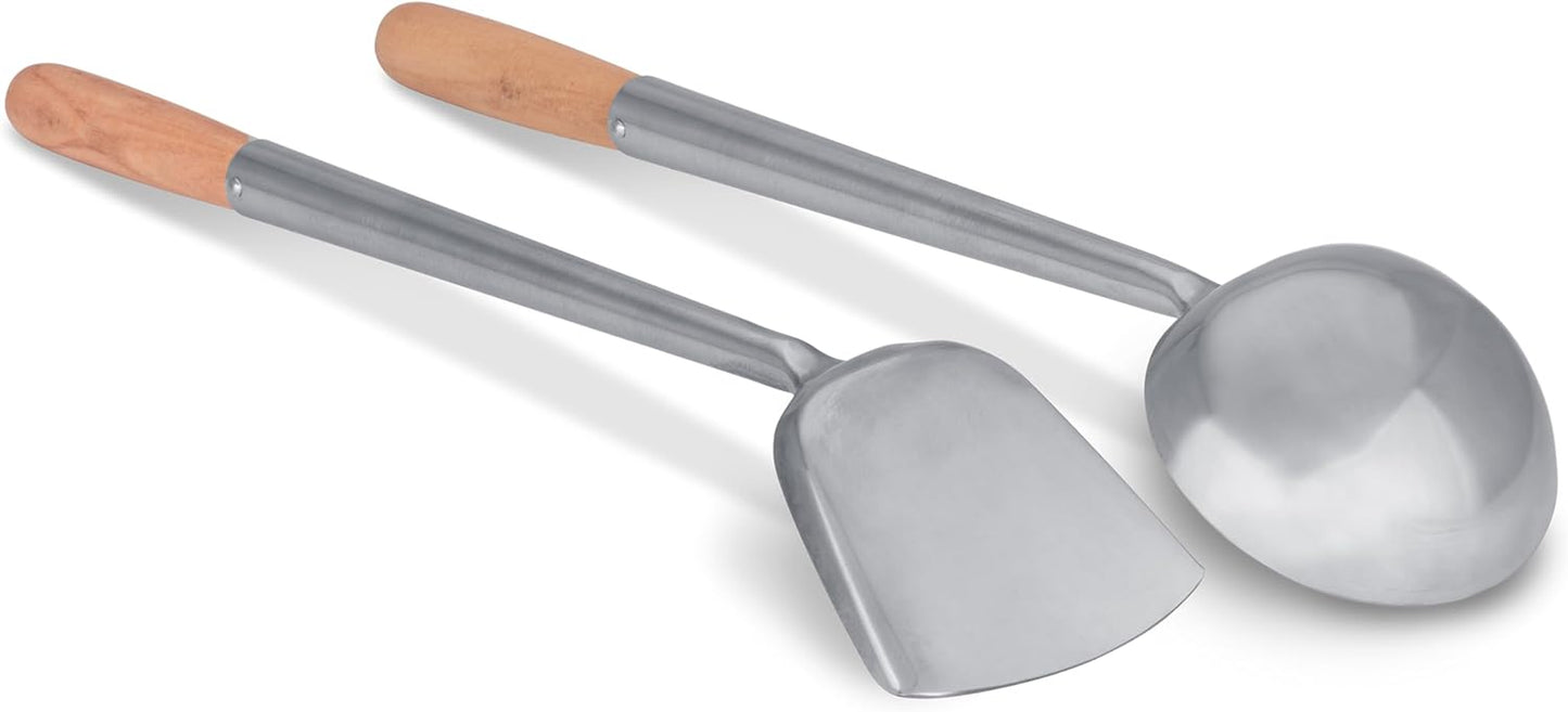 Asian Wok Ladle and Spatula Set with Wooden Handles 