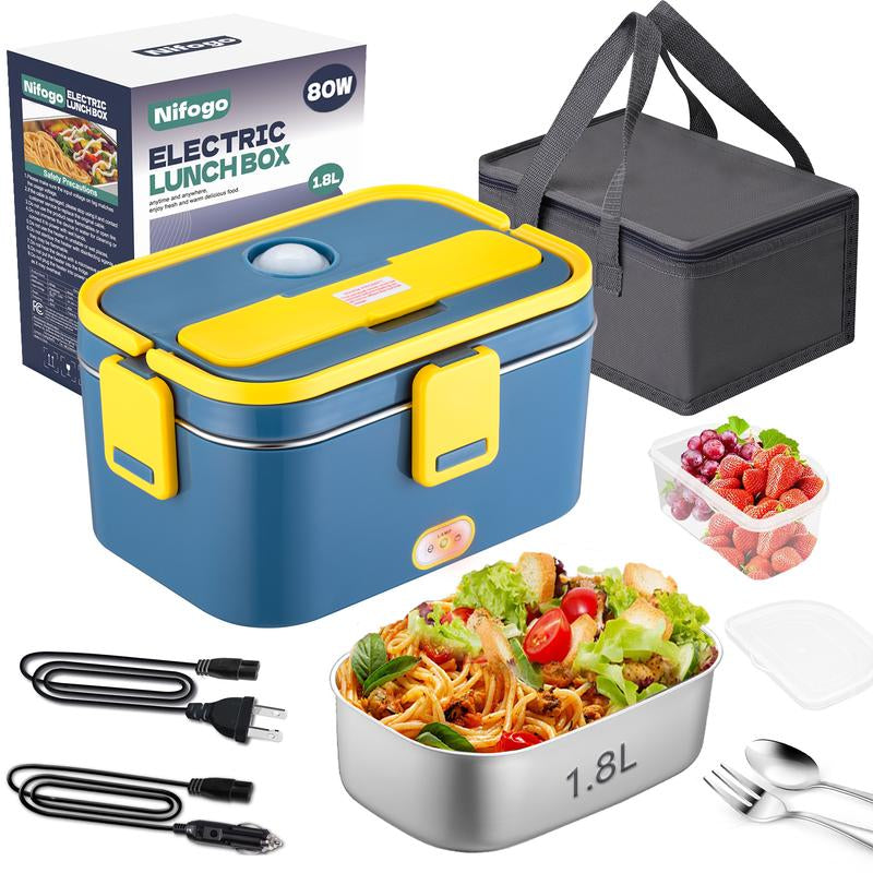 Electric Lunch Box Portable Food Heater for Adults， 80W Food Insulated Lunch Box 1.5&1.8L Stainless Steel Container & Bag 12V/24V/110V Car/Truck/Work with Stainless Steel Container, Fork & Spoon & Bag