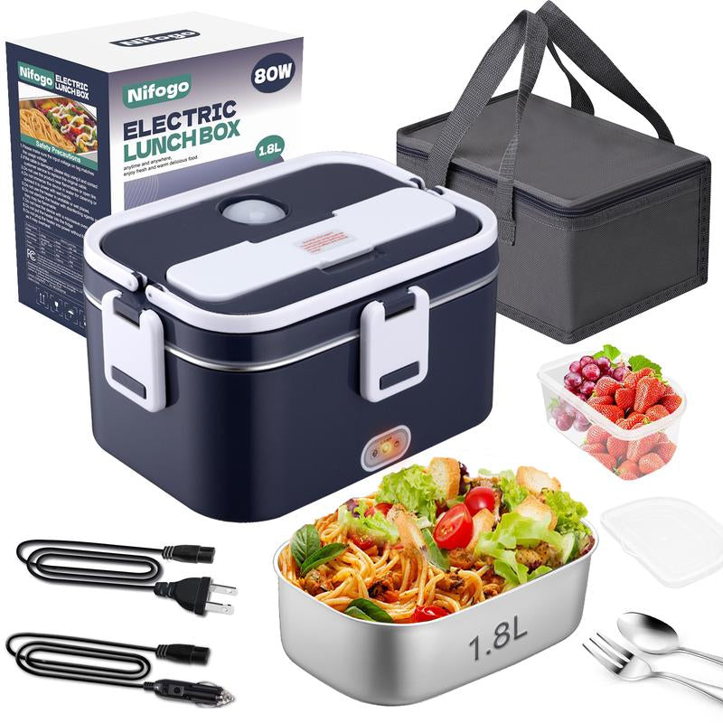 Electric Lunch Box Portable Food Heater for Adults， 80W Food Insulated Lunch Box 1.5&1.8L Stainless Steel Container & Bag 12V/24V/110V Car/Truck/Work with Stainless Steel Container, Fork & Spoon & Bag